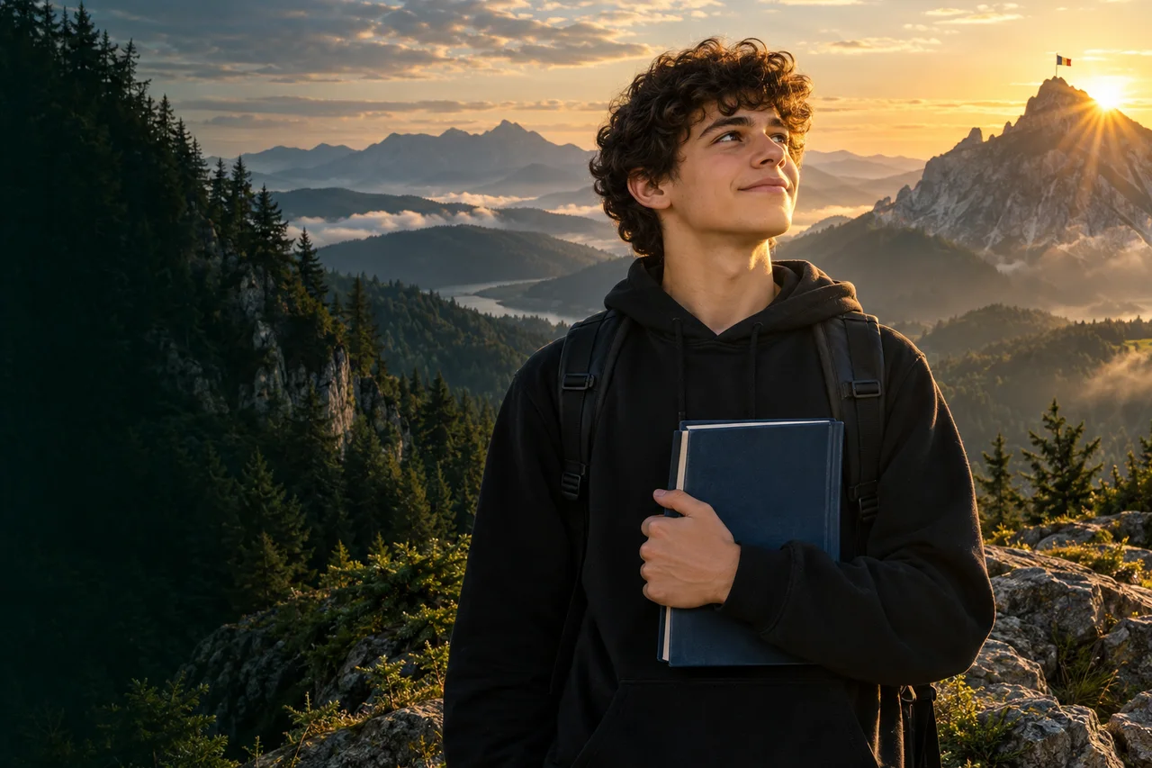 Adolescent cu o carte de matematică, privind spre lumina răsăritului în munți — imagine ilustrativă