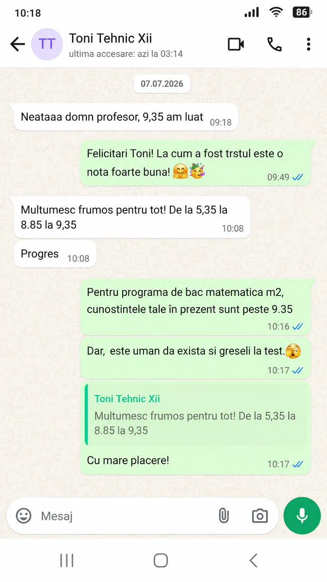 Rezultatul unui elev după pregătirea la matematică