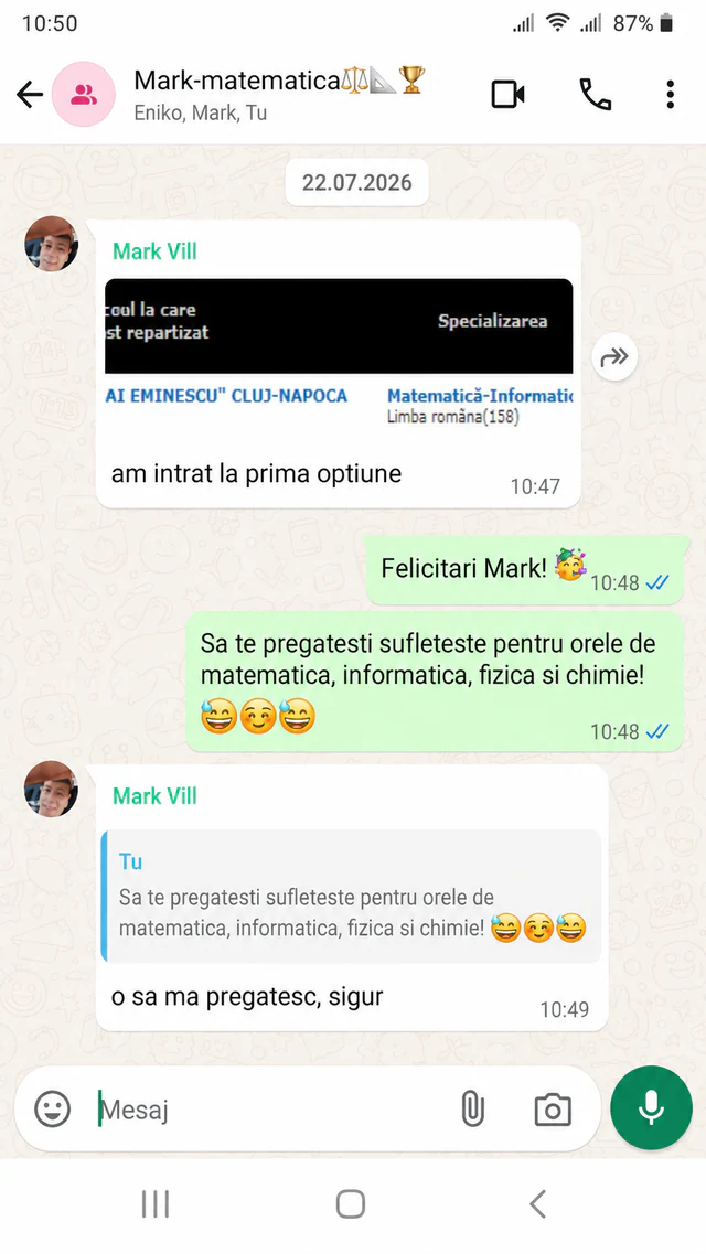 Rezultatul unui elev admis la prima opțiune