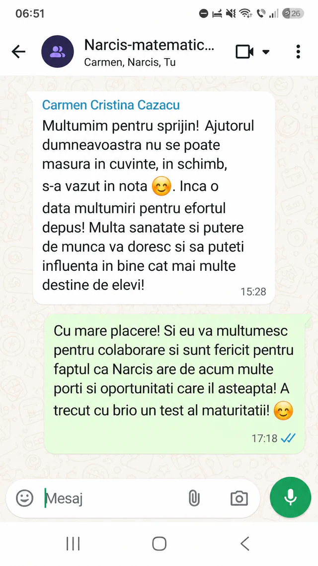 Mesaj de mulțumire primit de la părintele unui elev