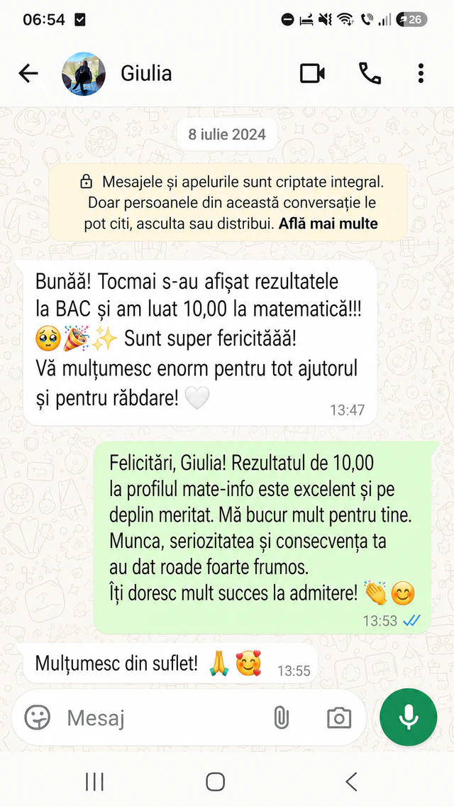 Mesajul Giuliei după obținerea notei 10 la Bacalaureat